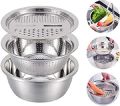 Silver 3 in 1 Stainless Steel Drain Basket Vegetable Cutter, For Kitchen. 