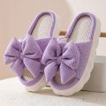 Thick Sole Cartoon Linen Slippers Female Cute Bow Anti-Slip Sweat Home Sandals Four Seasons Family Cotton Slipper For Girls.
