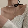 Elegant Black Ribbon Bow Choker Imitation Pearls Beads Charm Necklace Personality Gothic Wedding Jewelry Gifts. 