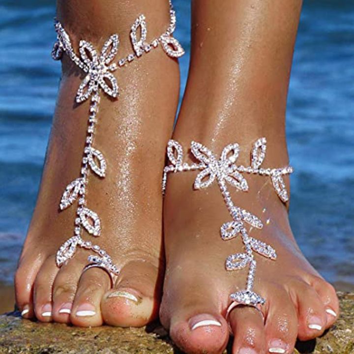 Stonefans Summer 2Pcs Set Rhinestone Leaf Finger Anklet for Women Luxury Silver Color Leaf Hand Harness Bracelet Jewelry Gift