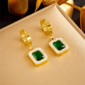 316L Stainless Steel Luxury Non-fading Square Green Crystal Zircon Pendant Necklace Earrings Jewelry Set For Women Gifts. 