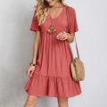 Summer Womens Short Sleeve Mini Dress Ladies Pleated Ruffle Solid Dresses Casual V Neck Vintage Loose Vestidos. 