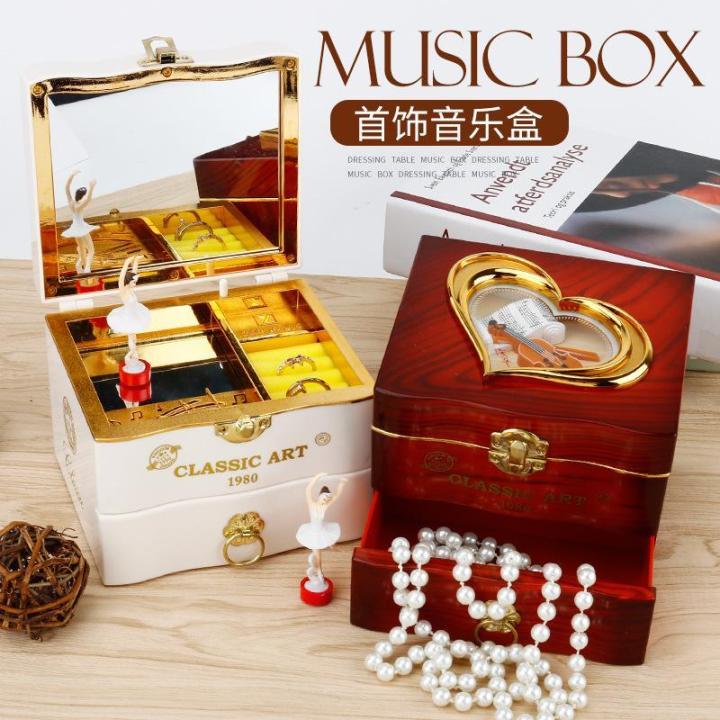 Classic Nostalgic Music Box Dancing Girl Clockwork Music Box with Mirror Drawer Jewelry Box Girlfriends Couple Gift