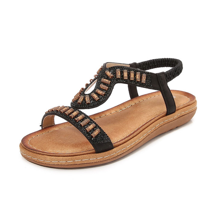 2023%20IESRUN%20Cross%20Border%20Rhinestone%20Sandals%20Round%20Toe%20Korean%20Version%20Flat%20Heel%20Cutout%20Bohemian%20Comfortable%20Women's%20Shoes%20Summer%20-%20Image%202