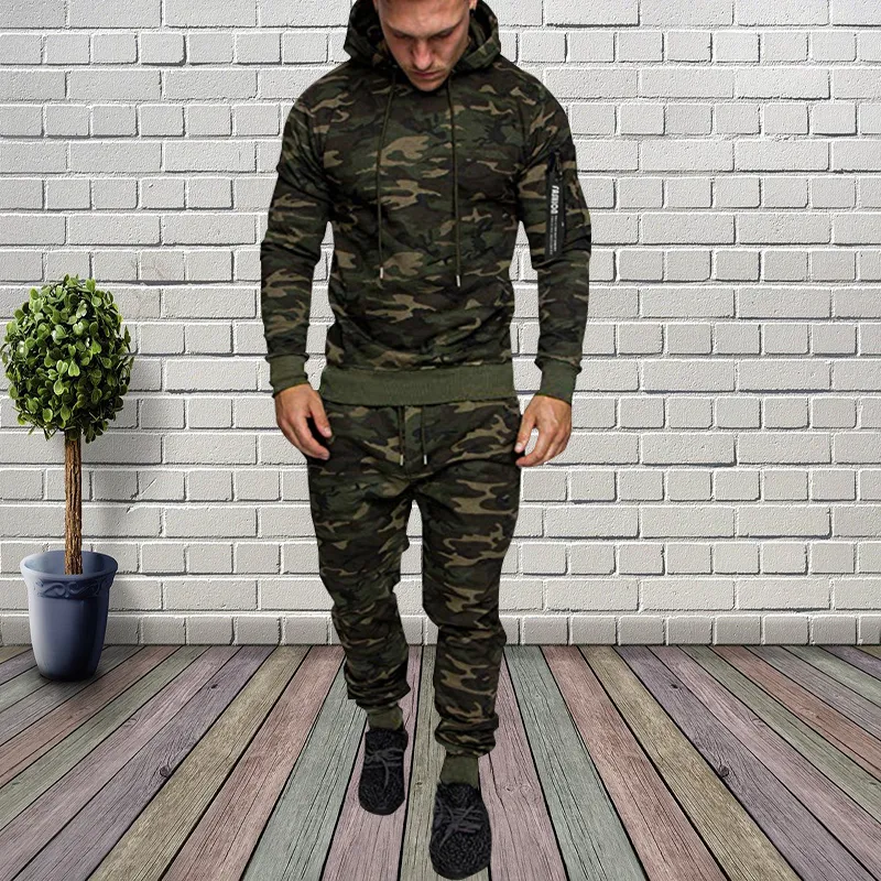 Men's Camouflage Print Hooded and Sweatpants Set, Autumn Winter - Main Image