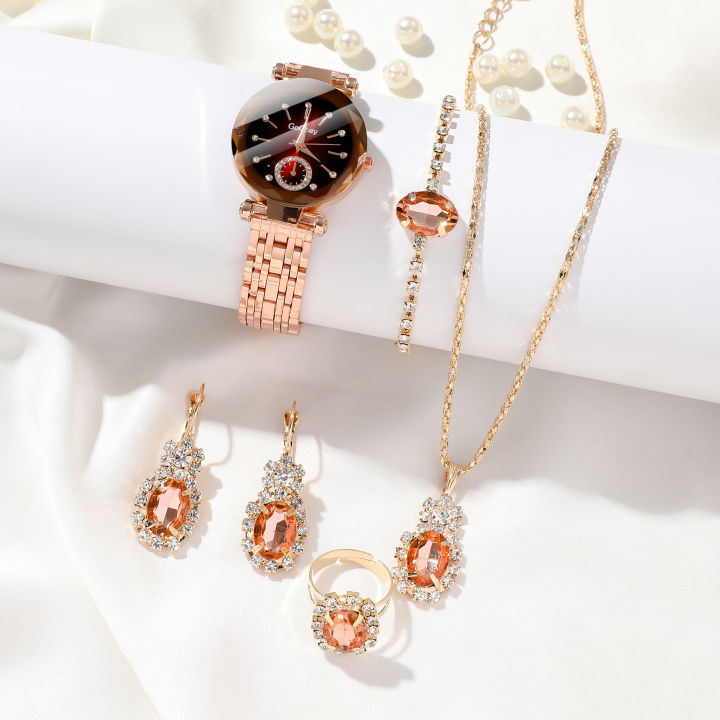 LooKeo Mall Fashion Ocean Heart Glass Face Women's 6pcs Watch Set with Water Diamond Pendant and Steel Band For Personal Use Or Gift Birthday Party