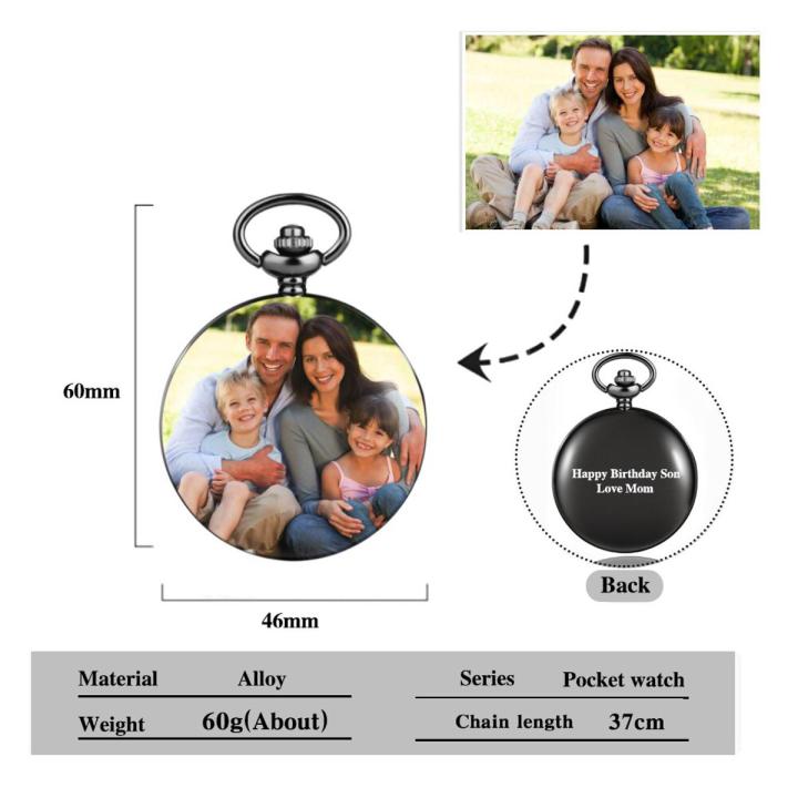 Personalized Photo/Text Custom Pocket Watch Smooth Black Fob Chain ...