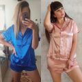 Women Sleepwear Summer Pajama Set Pink Turn Down Collar Faux Silk Satin Blue Short Sleeve Casual Female Pijama Home Wear Shorts. 