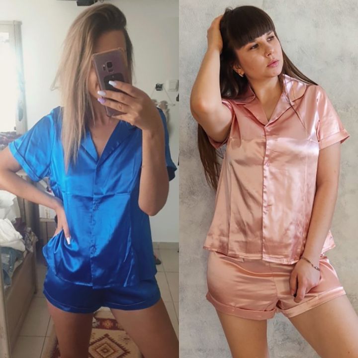 Women%20Sleepwear%20Summer%20Pajama%20Set%20Pink%20Turn%20Down%20Collar%20Faux%20Silk%20Satin%20Blue%20Short%20Sleeve%20Casual%20Female%20Pijama%20Home%20Wear%20Shorts%20-%20Image%206