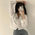 Vintage Shirts Women Chic Korean Fashion Simple All-match Long Sleeve Office Lady Tops Clothing Summer Sun-proof Elegant Cropped.