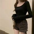 Women Long Sleeve Square Neck T-Shirt Spring And Autumn New Irregular Hem Slim Casual Top Girl Bottom Shirts.