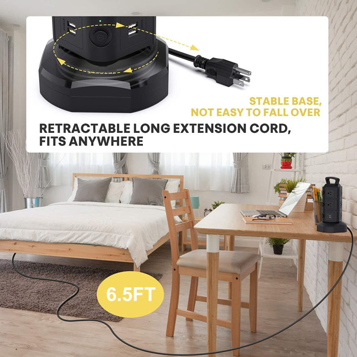 TESSAN%20US%20Multi%20Outlet%20Tower%20Power%20Strip%20with%2014%20AC%20Outlets%204%20USB%20Surge%20Protector%206.5ft%20Retractable%20Extension%20Cable%20-%20Image%202