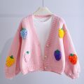 EVNISI Korean Fashion Pink Strawberry Sweaters for Women Winter Long Sleeve Knitted Woman Cardigan Single Breasted Short Coat. 