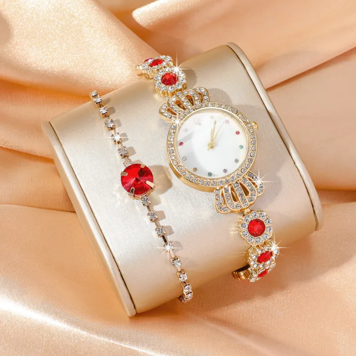 Fashion%202pcs%20Women's%20Quartz%20Watches%20and%20Bracelet%20Matching%20Stainless%20Steel%20Waterproof%20Diamond%20Inlaid%20Ladies%20Wristwatch%20Spiral%20Crown%20Girl's%20Needle%20Buckle%20Watch%20-%20Image%204