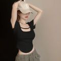 Hot Girls Unique Chic Sweet and Spicy Style Short Top Design Sense Niche Clavicle Square Collar Short Sleeve T Women's Summer T-shirt ins.
