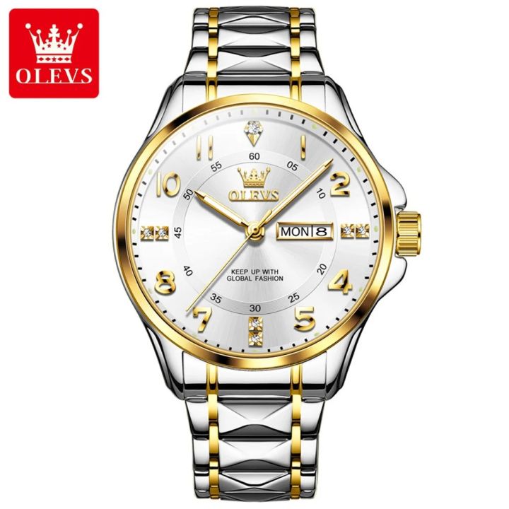 Olevs 2910G Silver & Golden Two Tone Stainless Steel Analog Wrist Watch For Men