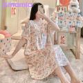 Casual Dress Floral Print Round Neck Nightdress for Women Comfortable Knee Length Homewear Midi Dress with Short Sleeves Casual Lady Nightgown for Women Cotton Silk Dress.