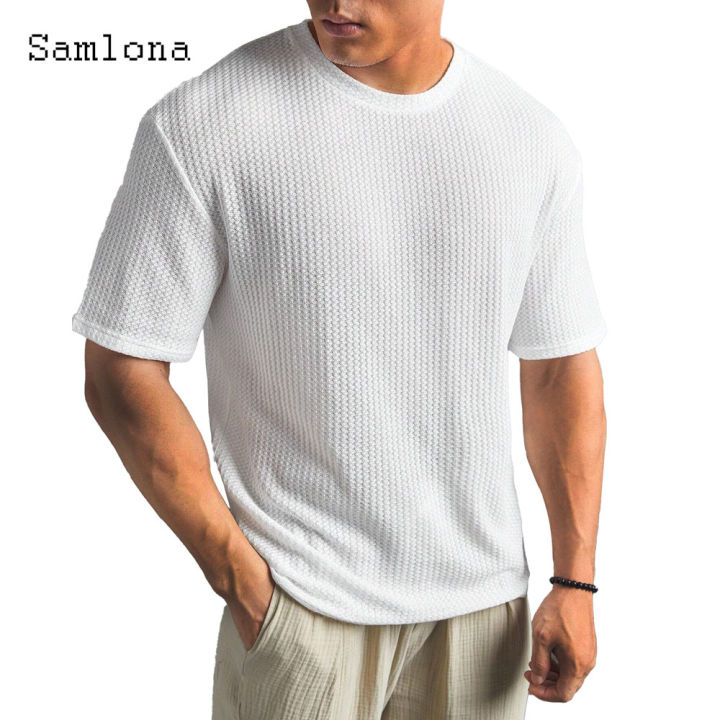 Plus Size 5XL Men Fashion Basic Tops Round Neck Knitted T-shirt 2024 New Summer Casual Pullovers Mens Simple Ruched Tees Shirt