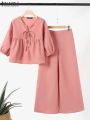 Women's Fashion Tops and Pants Elegant Women Matching Sets 2pcs Holiday Outfits Long Sleeve Solid Pleated Blouse Trousers Suits. 