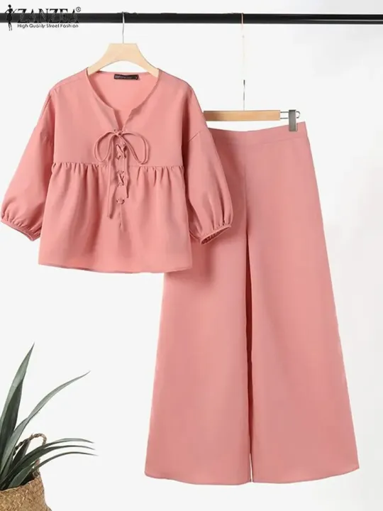 Women's%20Fashion%20Tops%20and%20Pants%20Elegant%20Women%20Matching%20Sets%202pcs%20Holiday%20Outfits%20Long%20Sleeve%20Solid%20Pleated%20Blouse%20Trousers%20Suits%20-%20Image%203