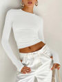 Fashion Women T-shirt Long Sleeve Crew Neck Solid Slim Fit Ladies Crop Top with Thumb Holes for Daily Streetwear Summer Camis. 