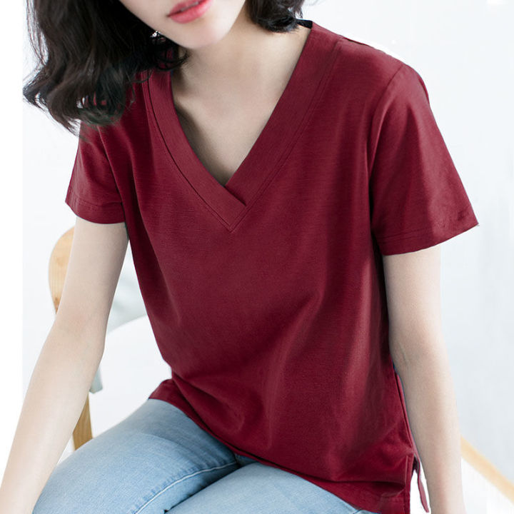 %E3%80%90100%25Cotton%20Slub%20Cotton%E3%80%91Summer%20New%20Short%20SleeveTT-shirt%20Women's%20Korean-Style%20Large%20Size%20Loose%20All-MatchingV-Neck%20Top%20-%20Image%204