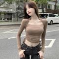 Y2K T-shirt Woman Winter Autumn Long Sleeve Crop Top V-neck Basic Skinny Tee Shirt Femme Korean Fashion Clothes.
