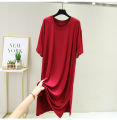 Midi dresses, thin round neck base dresses, casual and fashionable slit skirts, short sleeves, loose A-line skirts worn outside in summer. 
