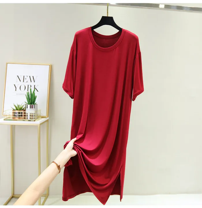 Midi%20dresses,%20thin%20round%20neck%20base%20dresses,%20casual%20and%20fashionable%20slit%20skirts,%20short%20sleeves,%20loose%20A-line%20skirts%20worn%20outside%20in%20summer%20-%20Image%204