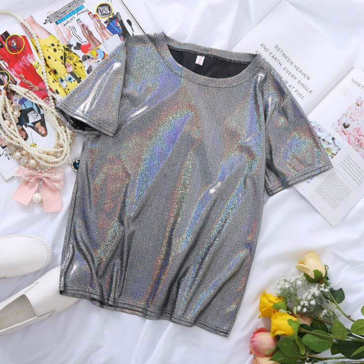 S-6XL%20Womens%20Sparkly%20Shiny%20Metallic%20Holographic%20Round%20Neck%20Short%20Sleeve%20Casual%20Loose%20Top%20Festival%20Party%20Tee%20Shirt%20Female%20Clothes%20-%20Image%203