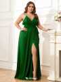 Plus Size Silk Occasion Dress in Rich Emerald with Wrap Silhouette and High Slit.