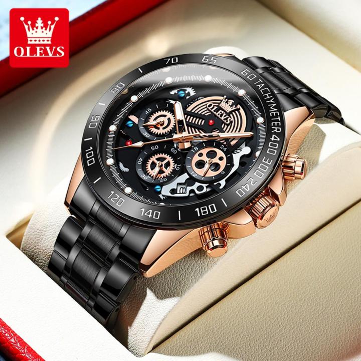 OLEVS Sports Watch for Men Stainless Waterproof  Chronograph Quartz Multifunctional Calendar Black White 9921