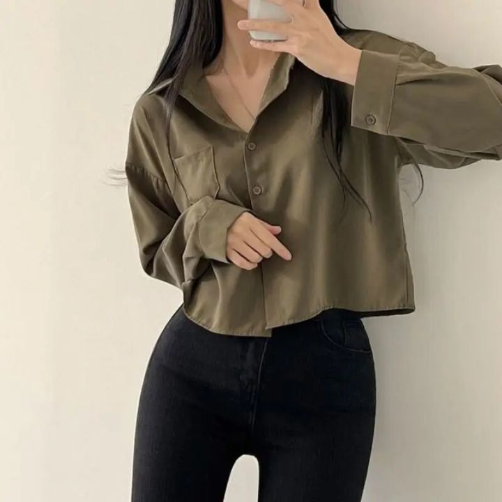 Vintage%20Shirts%20Women%20Chic%20Korean%20Fashion%20Simple%20All-match%20Long%20Sleeve%20Office%20Lady%20Tops%20Clothing%20Summer%20Sun-proof%20Elegant%20Cropped%20-%20Image%203