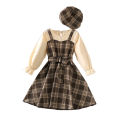 DSstyles Girls Plaid Overall Dress Sets Cute Belted Ruffle A-Line Dresses Kids Spring Long Sleeved Patchwork Princess Skirts. 