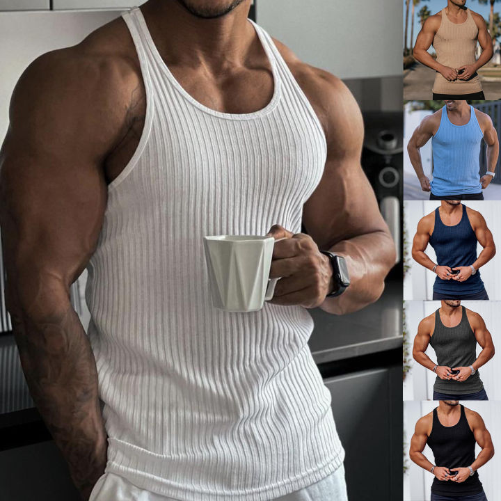 Rib Knitted Man Vests Summer Casual O-Neck Sleeveless Slim Stretch Sporty Tank Tops LXDZ-02