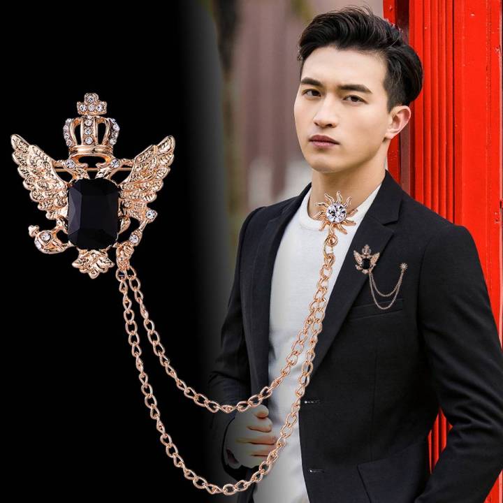 Wings Crown Stoned Chain Brooch Lapel Pin Fashion Suit/Outfit Accessories  For Men Women