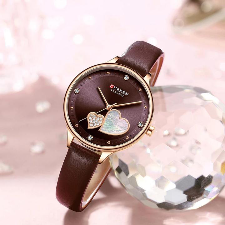 Curren 9077 Leather Wristwatch With Rhinestone Elegant Thin Clock For Female- Coffee - Watch For Women