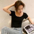 Black T T-shirt Women's Short Sleeve Tight Cotton Low-Neck Slim Fit Big Neckline Backless u Collar Top Bottoming Shirt Short Summer. 