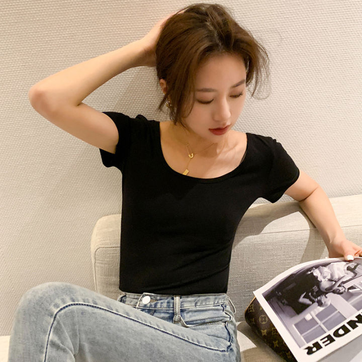 Black%20T%20T-shirt%20Women's%20Short%20Sleeve%20Tight%20Cotton%20Low-Neck%20Slim%20Fit%20Big%20Neckline%20Backless%20u%20Collar%20Top%20Bottoming%20Shirt%20Short%20Summer%20-%20Image%203