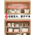 Retractable kitchen shelves, countertops, cabinet partitions, layered shelves, spice storage in cabinets, pot holders, small shelves on the tabletop. 