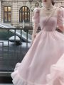 2023 Summer Lace Vintage Pink Dress Women Fairy French Party Midi Dress Office Lady Elegant One Piece Dress Korean Fashion Chic. 