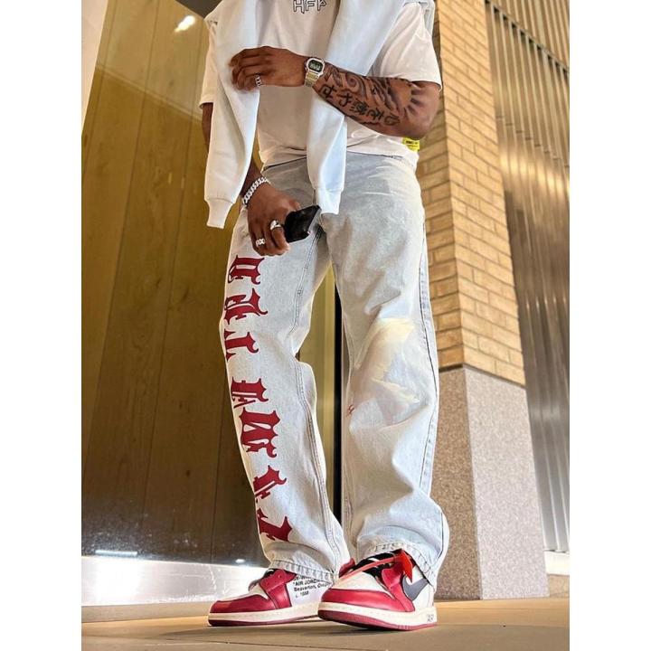 Printed Baggy Jeans For Men Vintage Light Blue Loose Fit Vaqueros Y2K  Hombre Fashion Casual Distressed Wash Straight Denim Pants