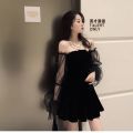New 2022 Black Retro Dress Women Lace Chiffon Mini Dress Female High Street Korean Fashion Dress Women Club Dress.