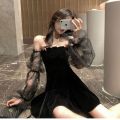 New 2022 Black Retro Dress Women Lace Chiffon Mini Dress Female High Street Korean Fashion Dress Women Club Dress.