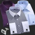 New M~6XL Cotton Men's French Cuffs Business Long Sleeve Shirt Stripes Comfortable Standard Elegant Formal Shirts Cufflink Top.
