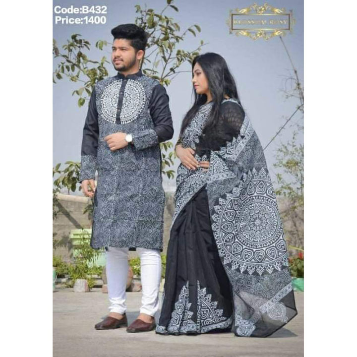 Exclusive%20Designer%20Block%20Print%20Half%20Silk%20Saree%20&%20Dhupian%20Silk%20Panjabi%20Combo%20For%20Couple%20Stylesh%20&%20fashionable%20best%20couple%20dress%20for%20man%20and%20women%20-%20Image%202