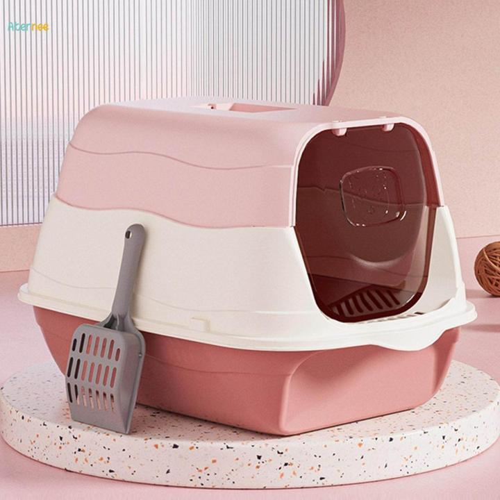 Hooded Cat Litter Box with Lid Easy to Clean Sandbox Pet Litter Box with Lid Pink