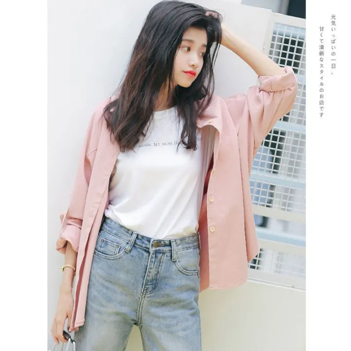 Pink%20Shirt%20Women's%20Loose%20Spring%20Clothes%20Korean%20Style%20Batwing-Sleeved%20Blouse%20Top%20Versatile%20Long%20Sleeve%20Shirt%20-%20Image%204