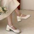 Pearl White All-Match Japanese Leather Shoes Women2023New Summer Low-Cut Chunky Heel French Mary Jane Shoes. 