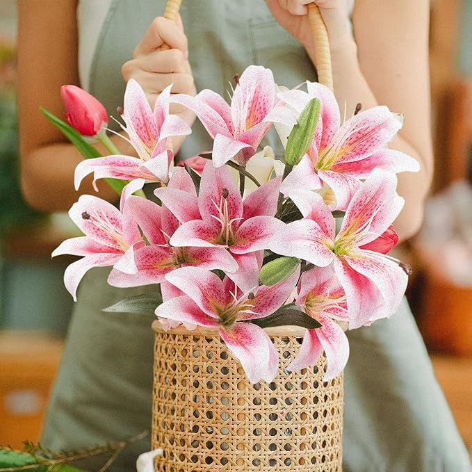 Artificial Lily Flower, Fake Lily Artificial Flower Wedding Party Decor Bouquet Home Hotel Office Garden Craft Art Decor Mother's Day Gifts for Her, Pink with out tob